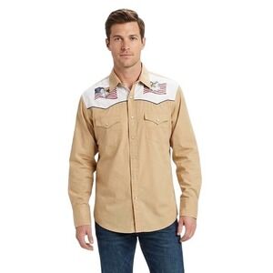 High Noon Mens Western Shirt Large Eagle American Flag Embroidered Tan Cowboy